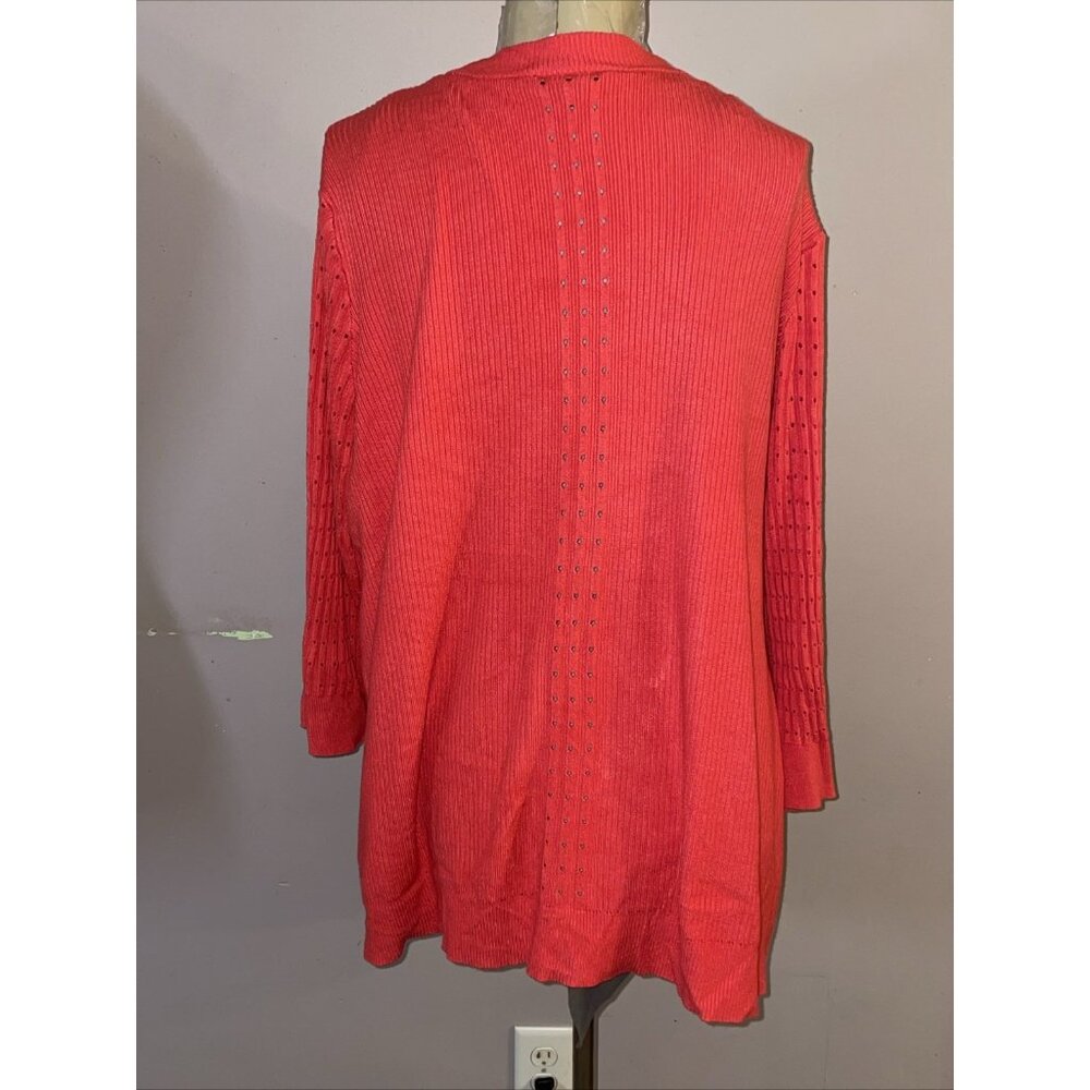 Lane Bryant Ribbed Long Open Cardigan Pink Eyelet Detail 3/4 Sleeve Sz 26/28 - Picture 5 of 10